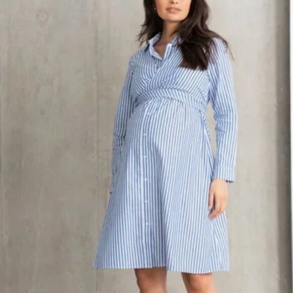 NWOT Seraphine Maternity & Nursing Shirt Dress Blue and White Sz 4 - Picture 2 of 7